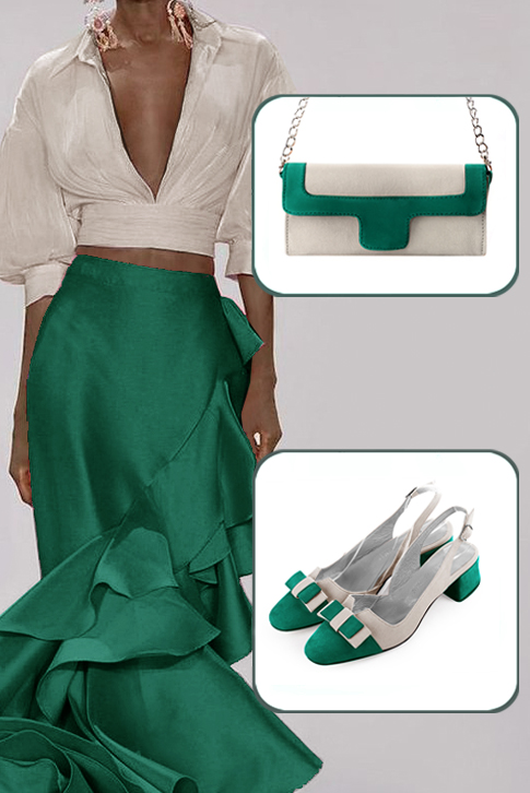 Women's emerald green and silver elegant slingback heels, with a bow on the front. Round toe. Low flare heels - Worn view